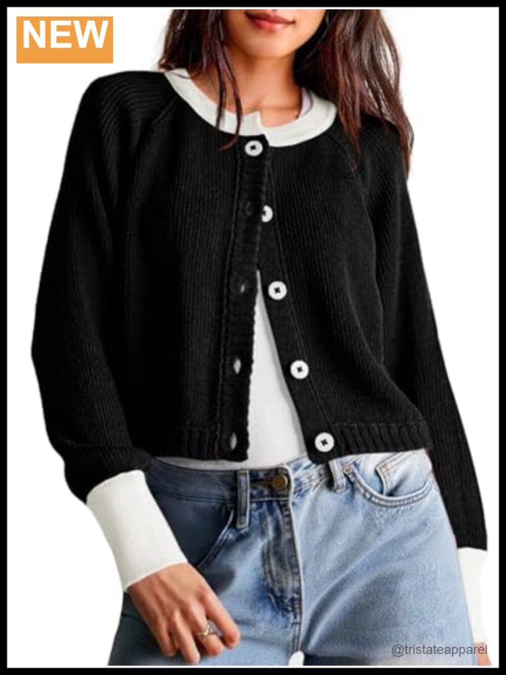 Women's Cropped Color Block Cardigan Button Down Long Sleeve Knit